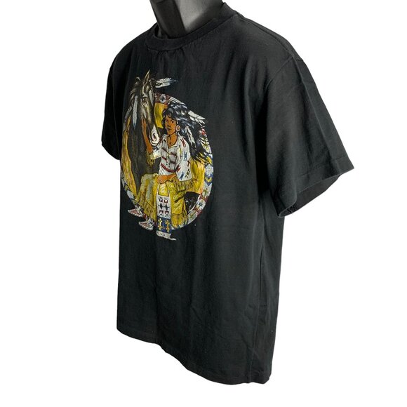 Vintage 90s Native American Girl T Shirt L Black Single Stitch Crewneck Horse - Picture 4 of 7